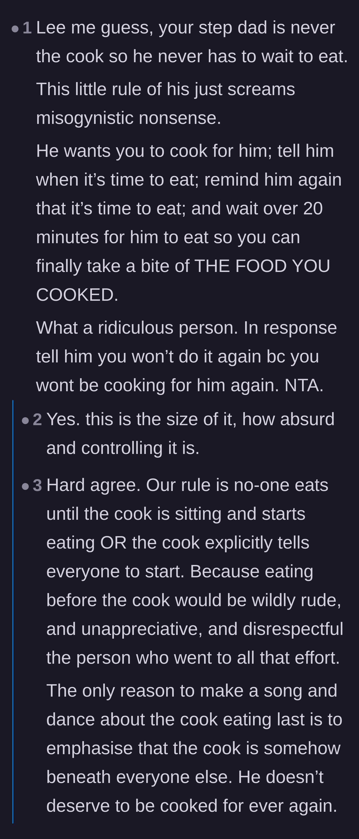 Comment thread 3 - A debate on the misogynistic undertones of forcing a cook to wait and act like a servant.