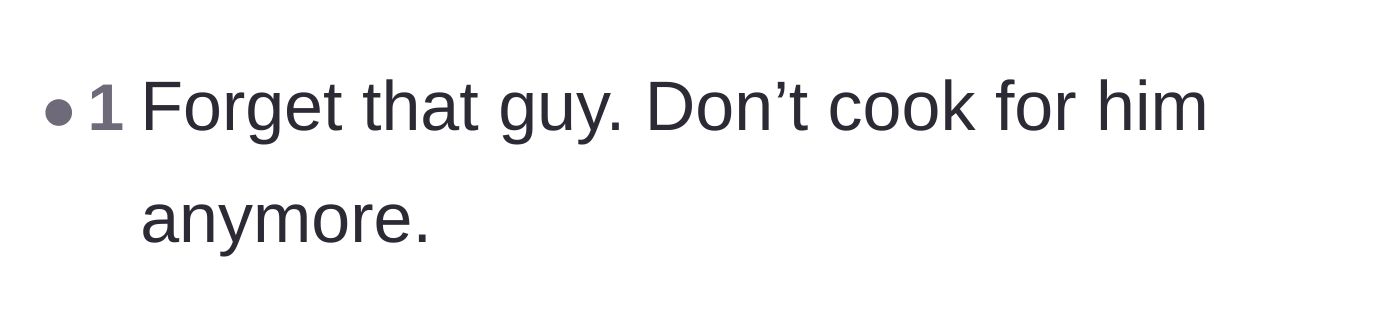 Comment thread 4 - A very blunt and brief comment telling the original poster to stop cooking for her stepdad entirely.