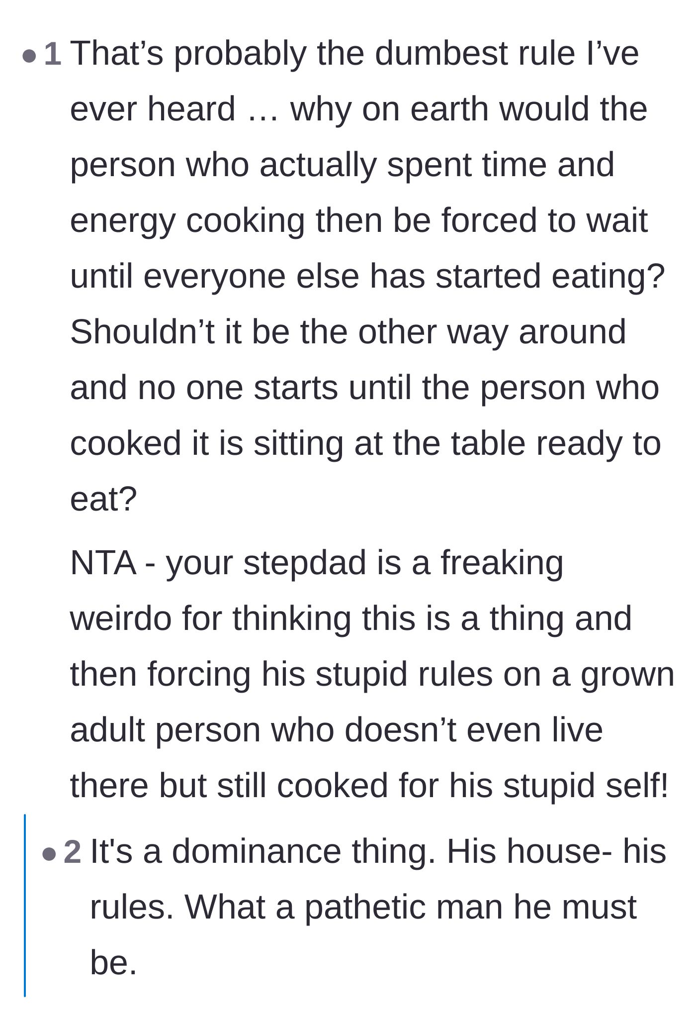 Comment thread 5 - A user expressing shock at the sheer absurdity of the stepdad's arbitrary dining rules.