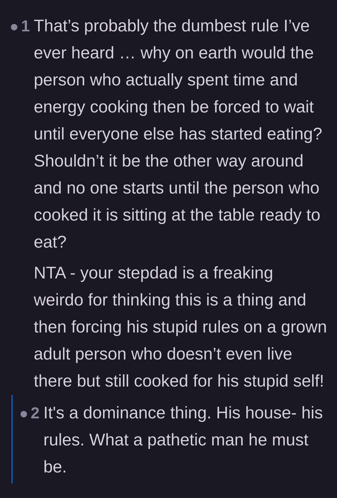 Comment thread 5 - A user expressing shock at the sheer absurdity of the stepdad's arbitrary dining rules.