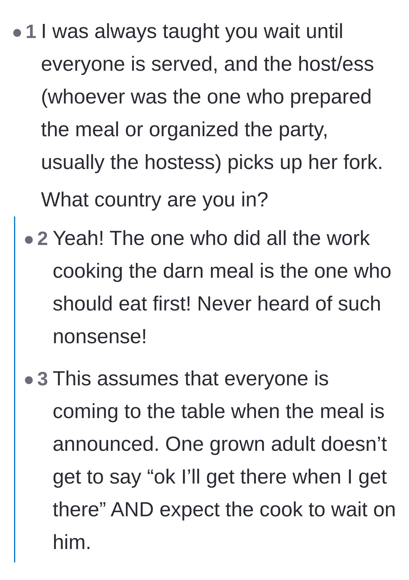Comment thread 6 - A conversation contrasting actual polite dinner etiquette with the stepdad's weaponized version of manners.