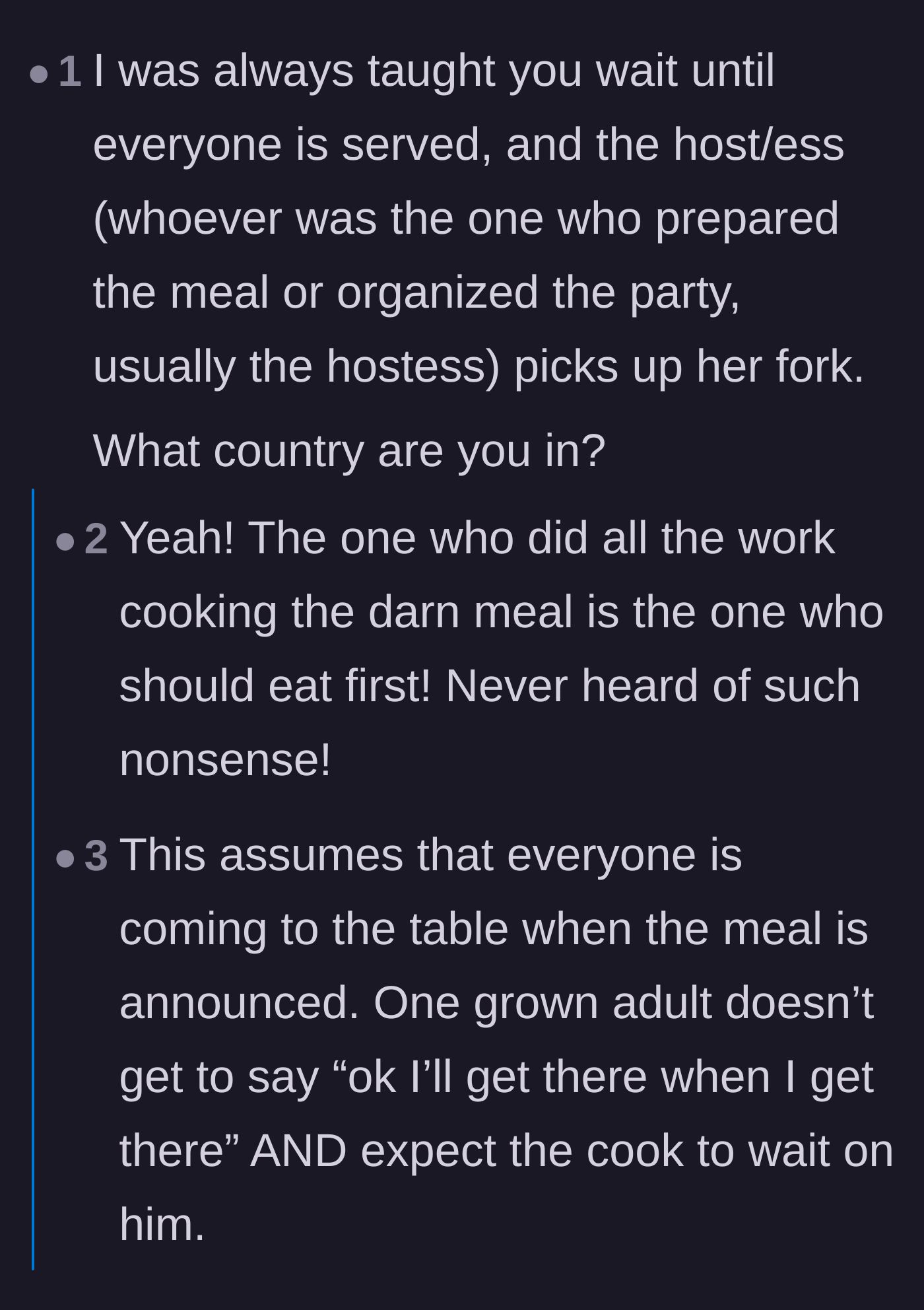 Comment thread 6 - A conversation contrasting actual polite dinner etiquette with the stepdad's weaponized version of manners.