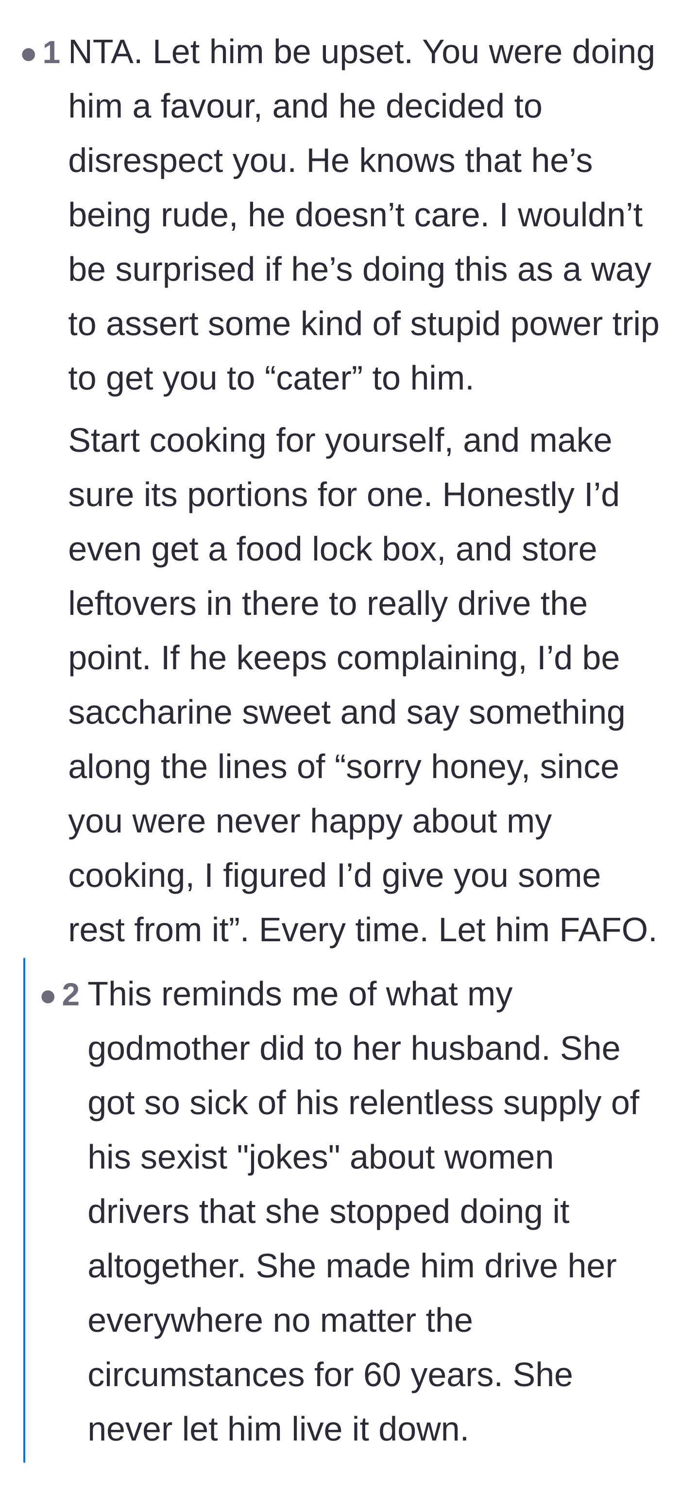 Comment thread 1 - Readers sharing hilarious and victorious stories of wives going on permanent domestic strikes against ungrateful husbands.