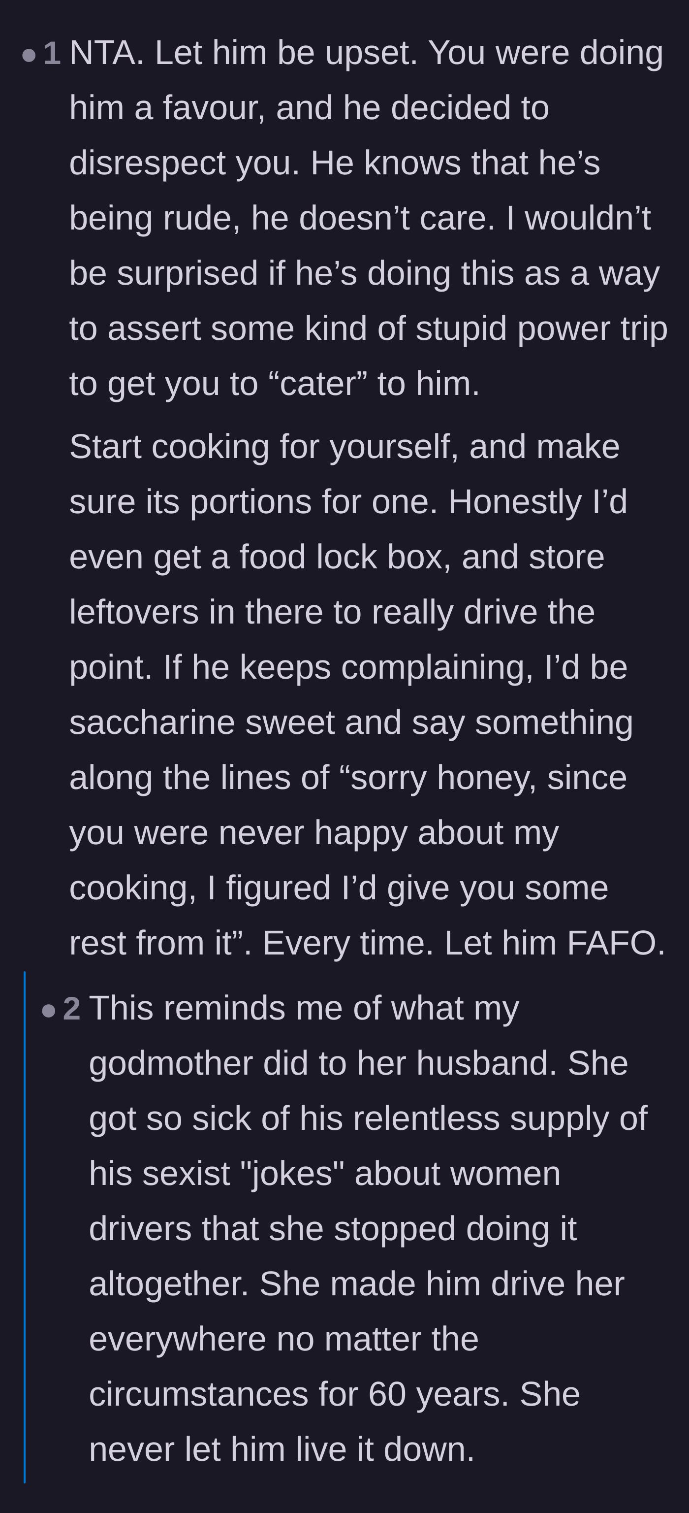 Comment thread 1 - Readers sharing hilarious and victorious stories of wives going on permanent domestic strikes against ungrateful husbands.