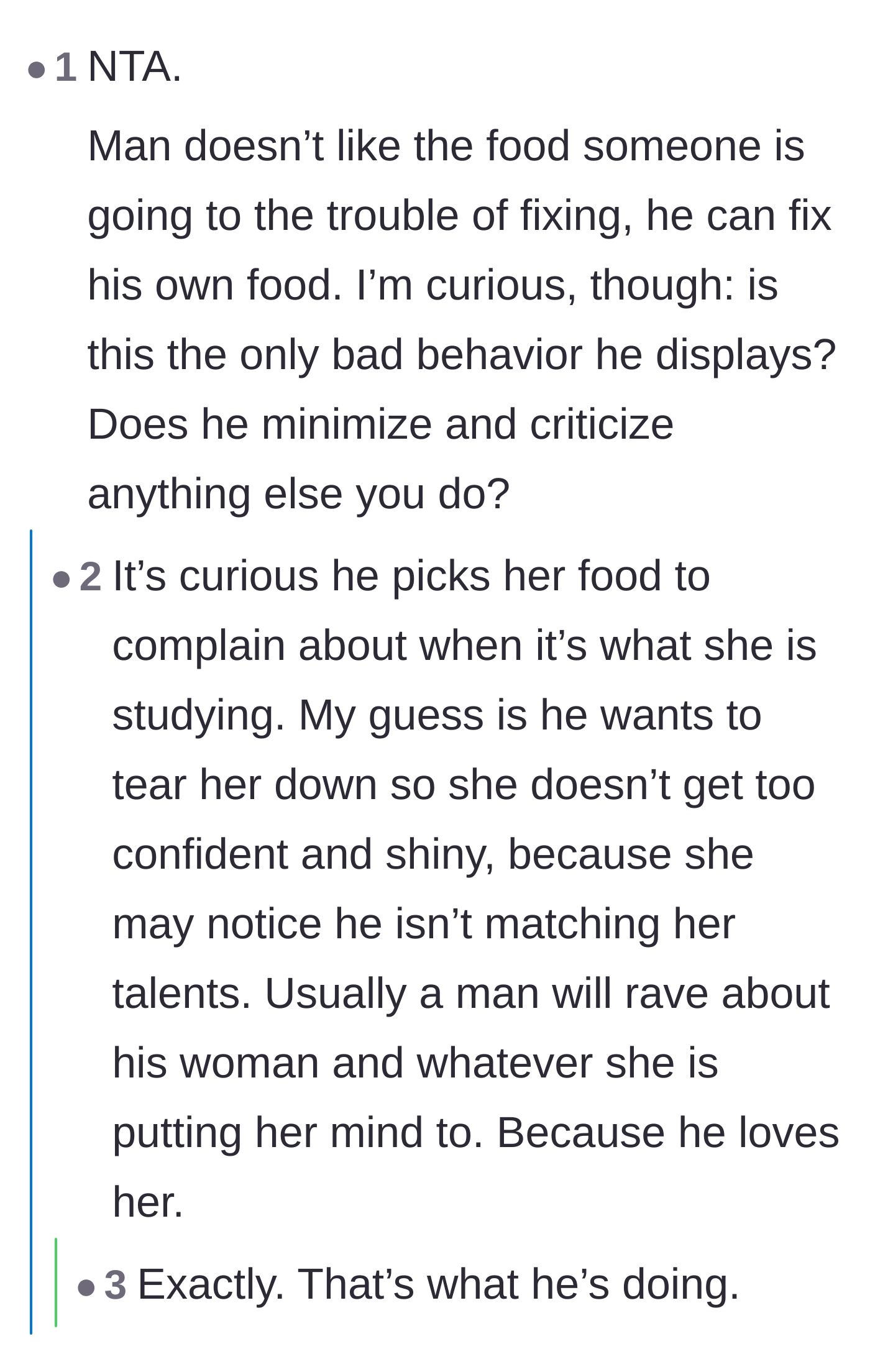 Comment thread 2 - A discussion pointing out that the boyfriend is likely criticizing her cooking to tear down her confidence in her culinary studies.
