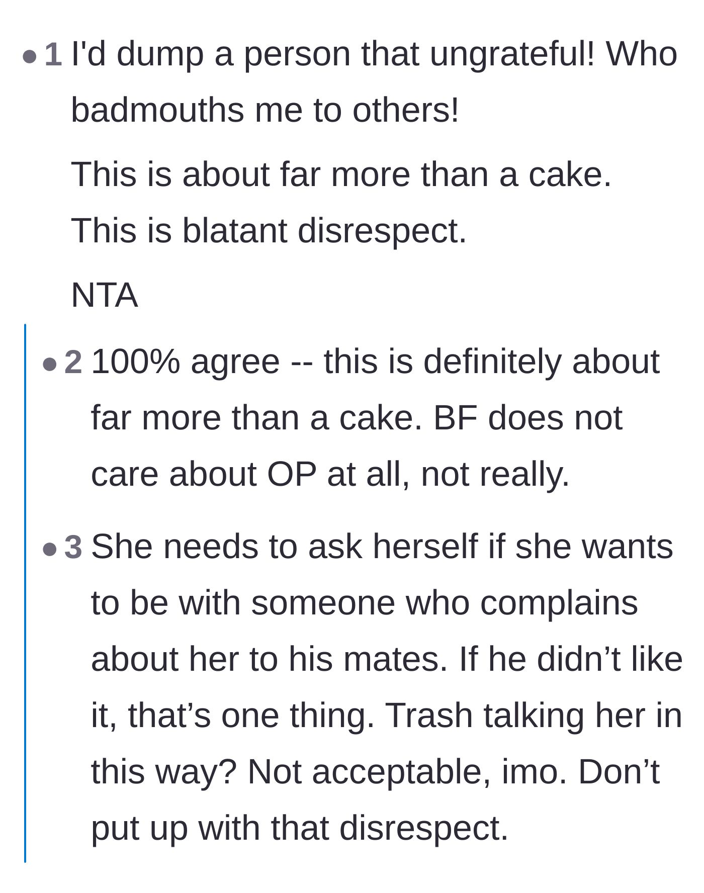 Comment thread 6 - A firm reality check that the situation is about blatant disrespect, not just a simple baking fail.