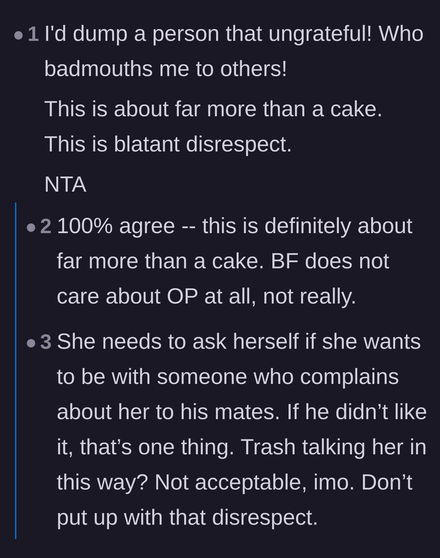 Comment thread 6 - A firm reality check that the situation is about blatant disrespect, not just a simple baking fail.