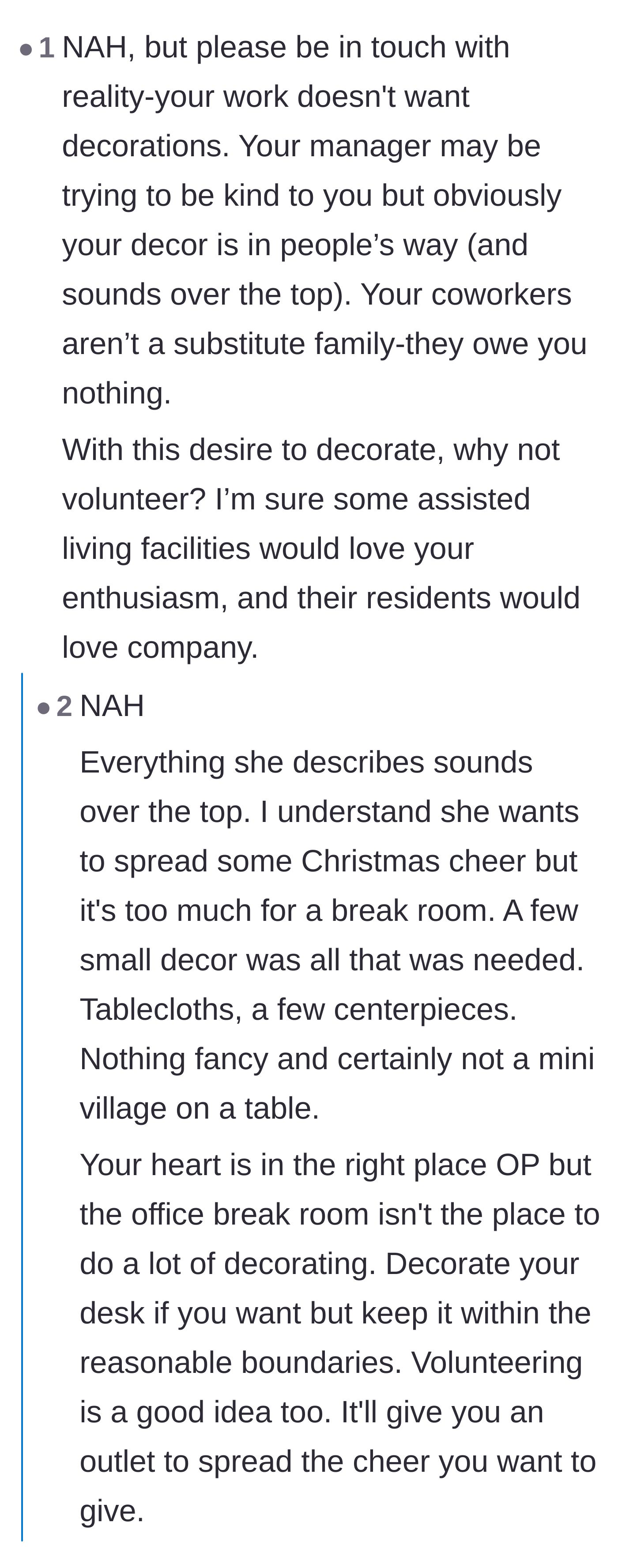 Comment thread 2 - Pointing out the impracticality and health hazards of extensive breakroom decorations.