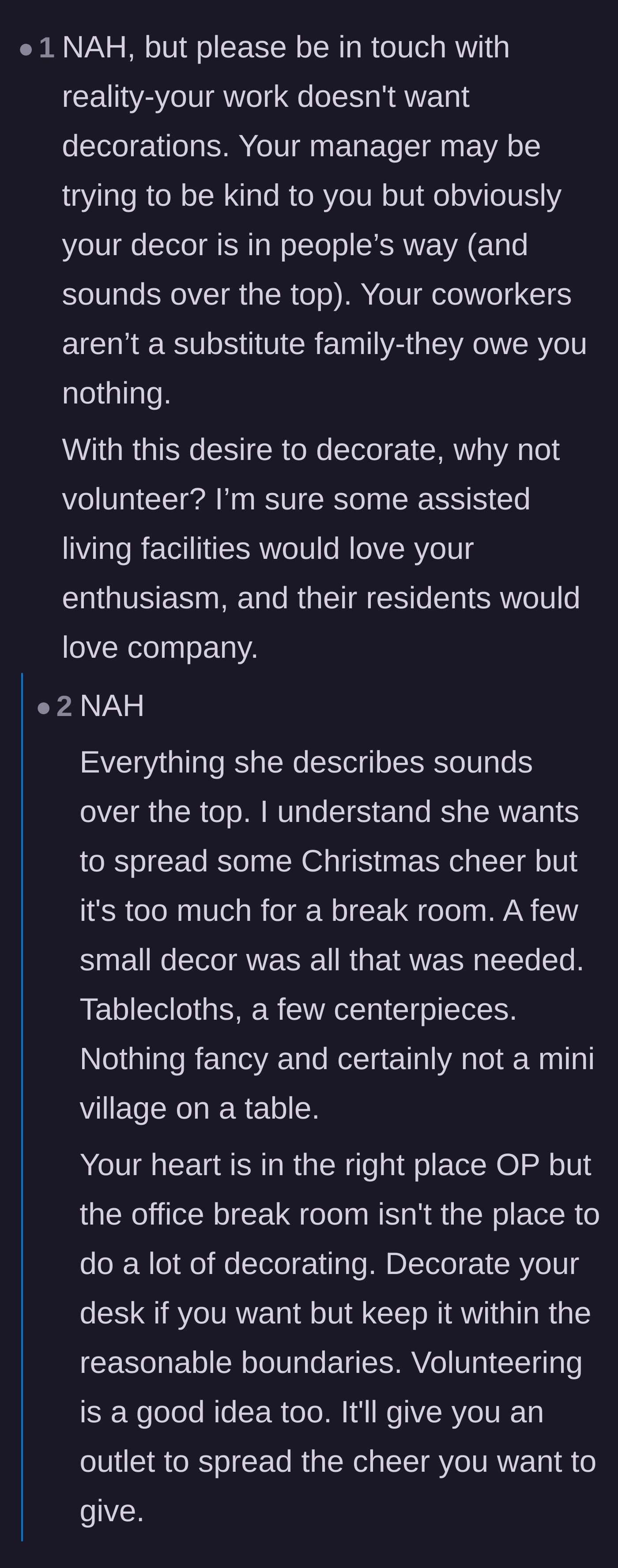 Comment thread 2 - Pointing out the impracticality and health hazards of extensive breakroom decorations.