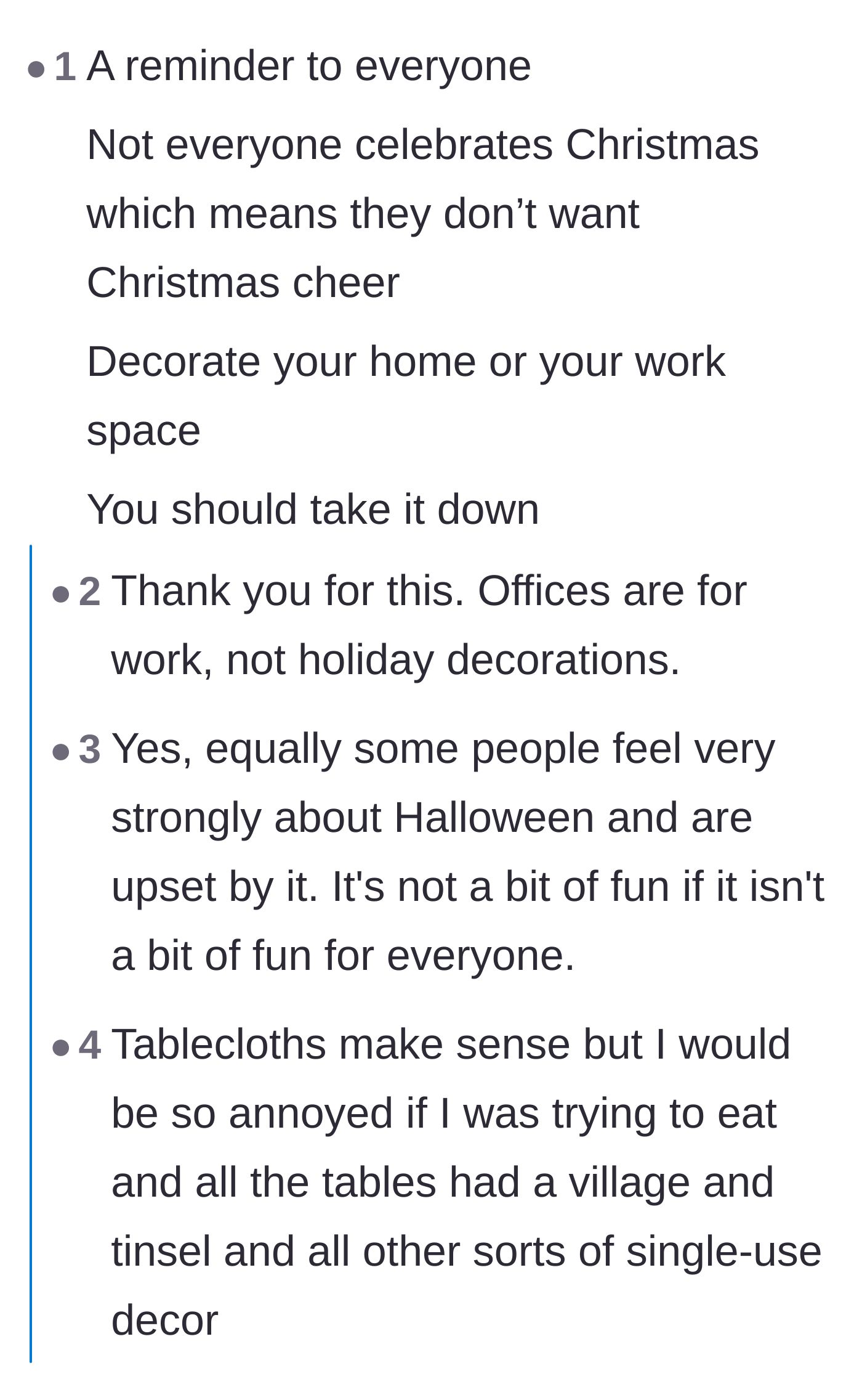 Comment thread 3 - A reminder that not everyone celebrates Christmas and mandatory cheer can be unwelcome.