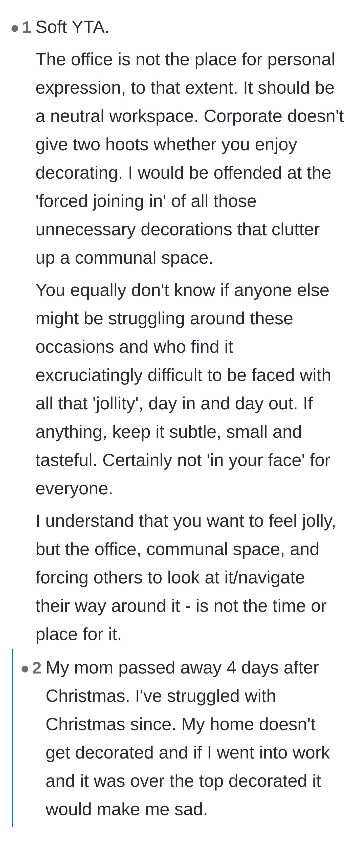 Comment thread 5 - Sharing personal stories of holiday grief and why forced jollity in a neutral office can be painful.