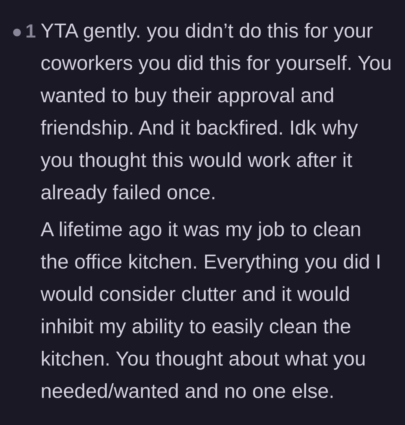 Comment thread 6 - A former cleaner explaining how clutter impacts staff and suggesting the effort was self-serving.