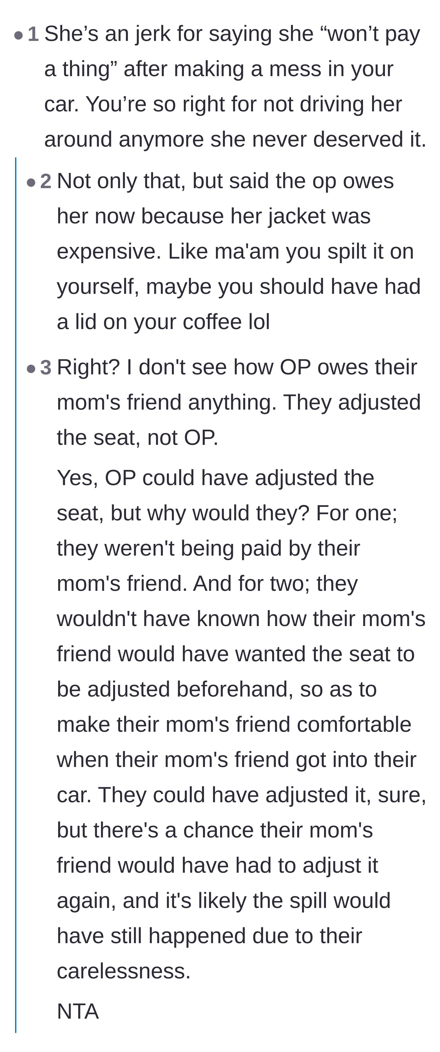 Comment thread 1 - Calling out the mom's friend for blaming the driver for her own coffee spill