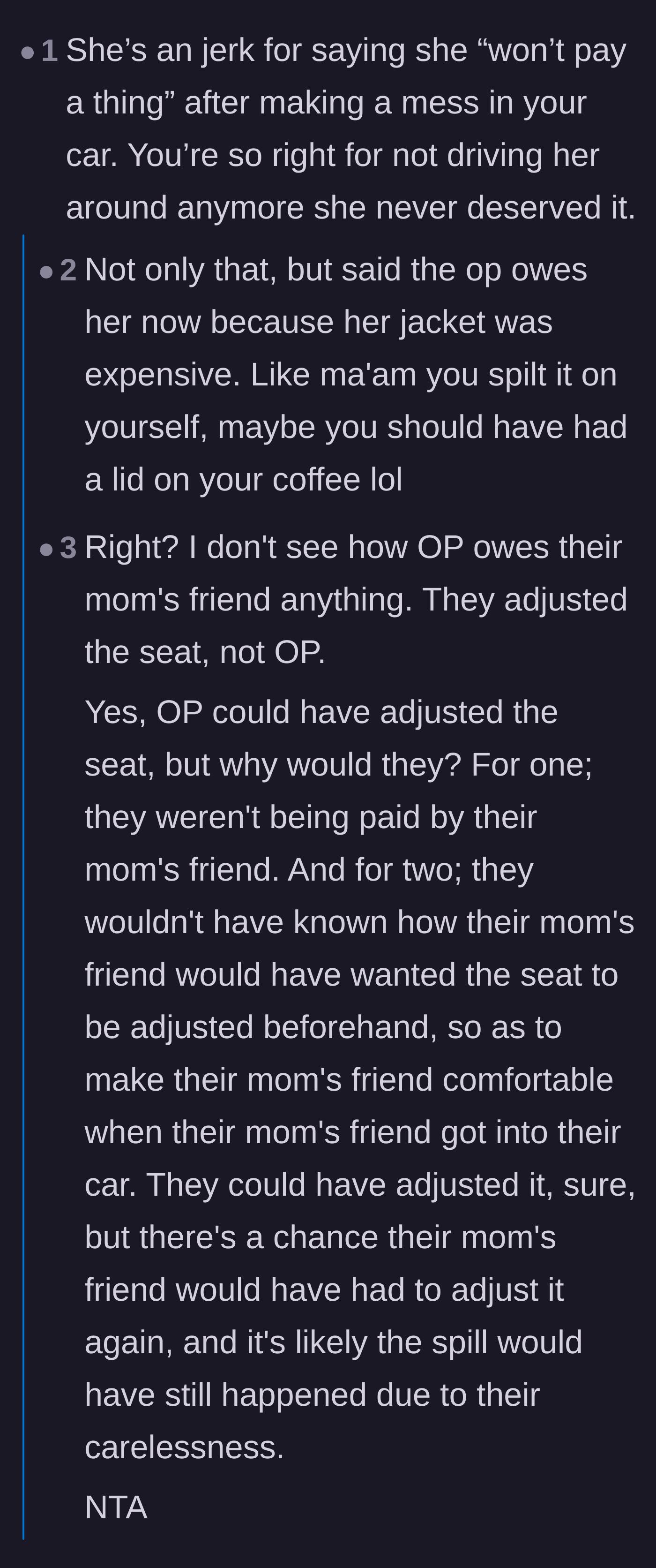 Comment thread 1 - Calling out the mom's friend for blaming the driver for her own coffee spill