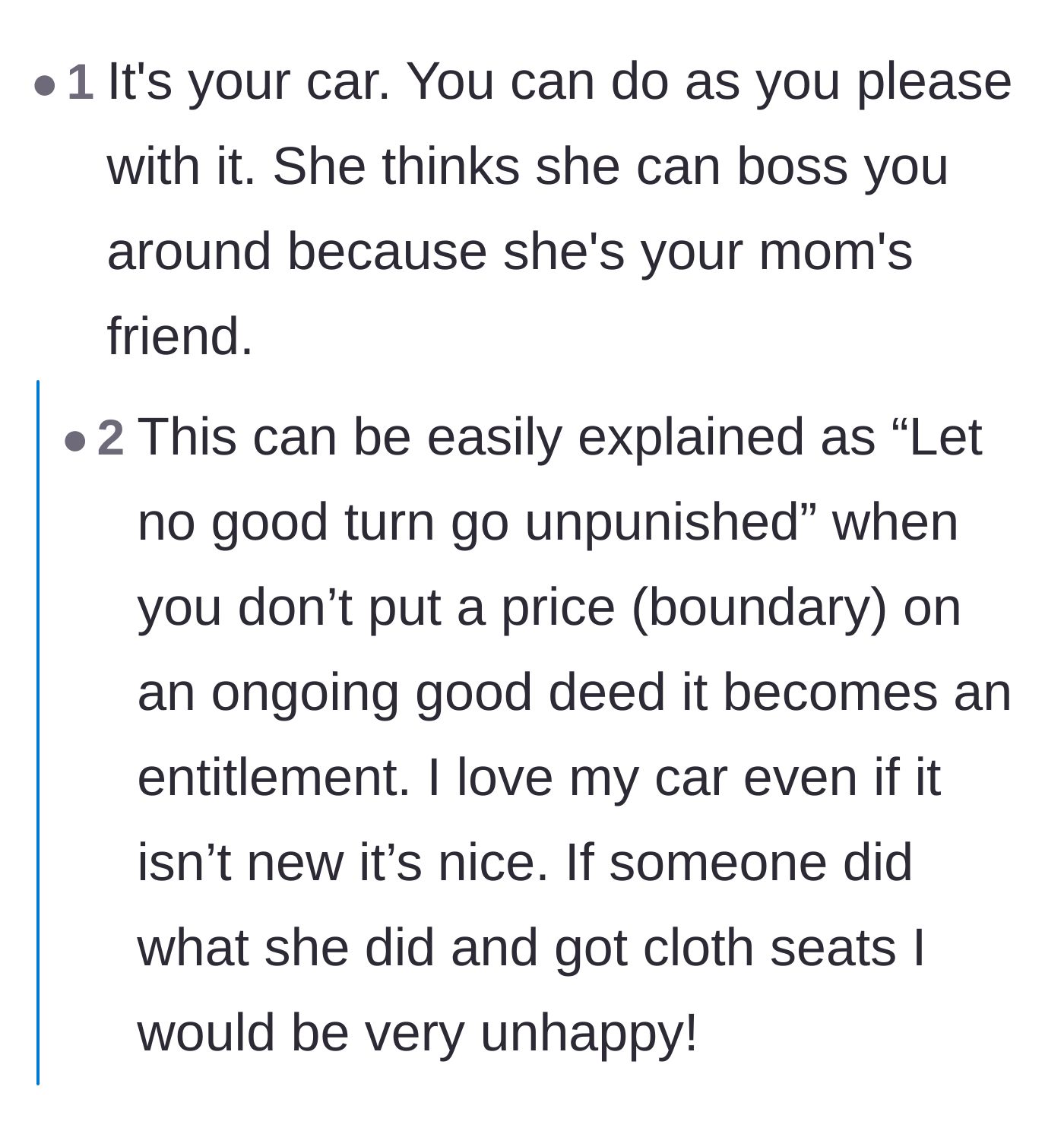 Comment thread 2 - Discussing how doing favors for family friends can turn into expected entitlement