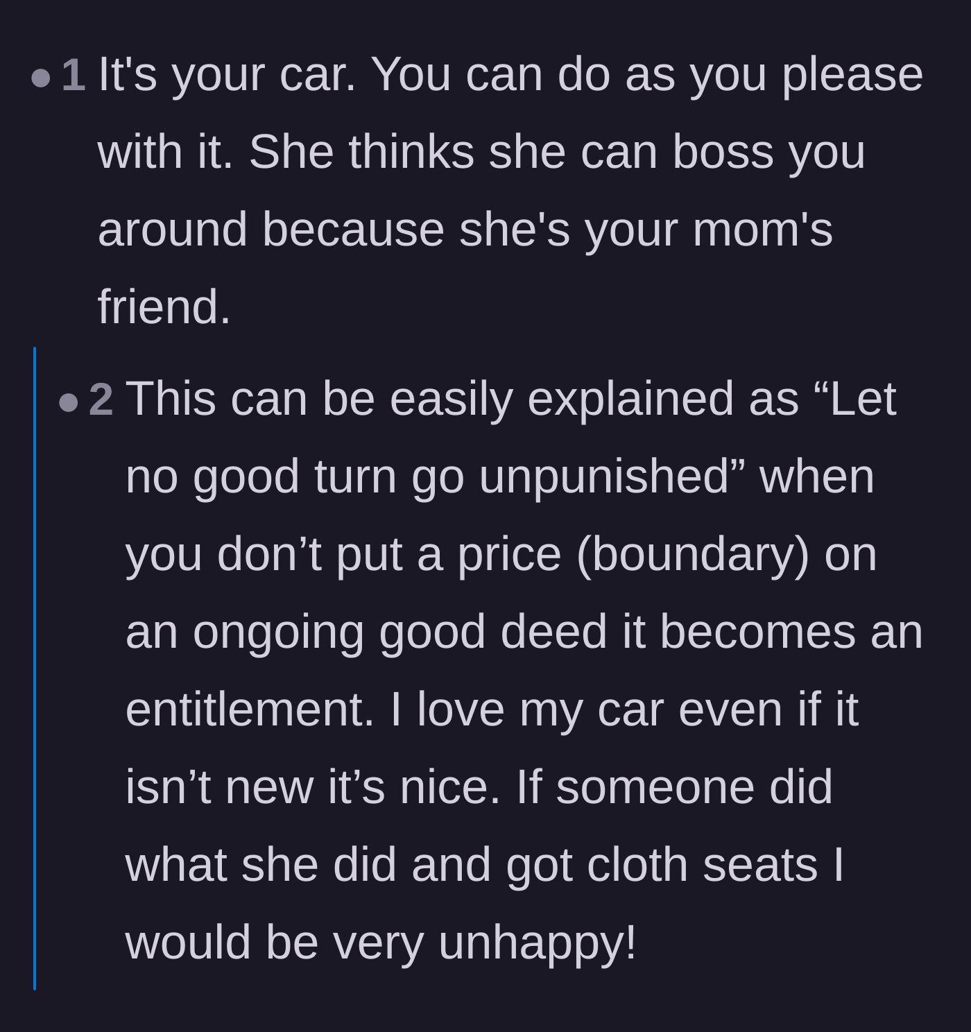 Comment thread 2 - Discussing how doing favors for family friends can turn into expected entitlement