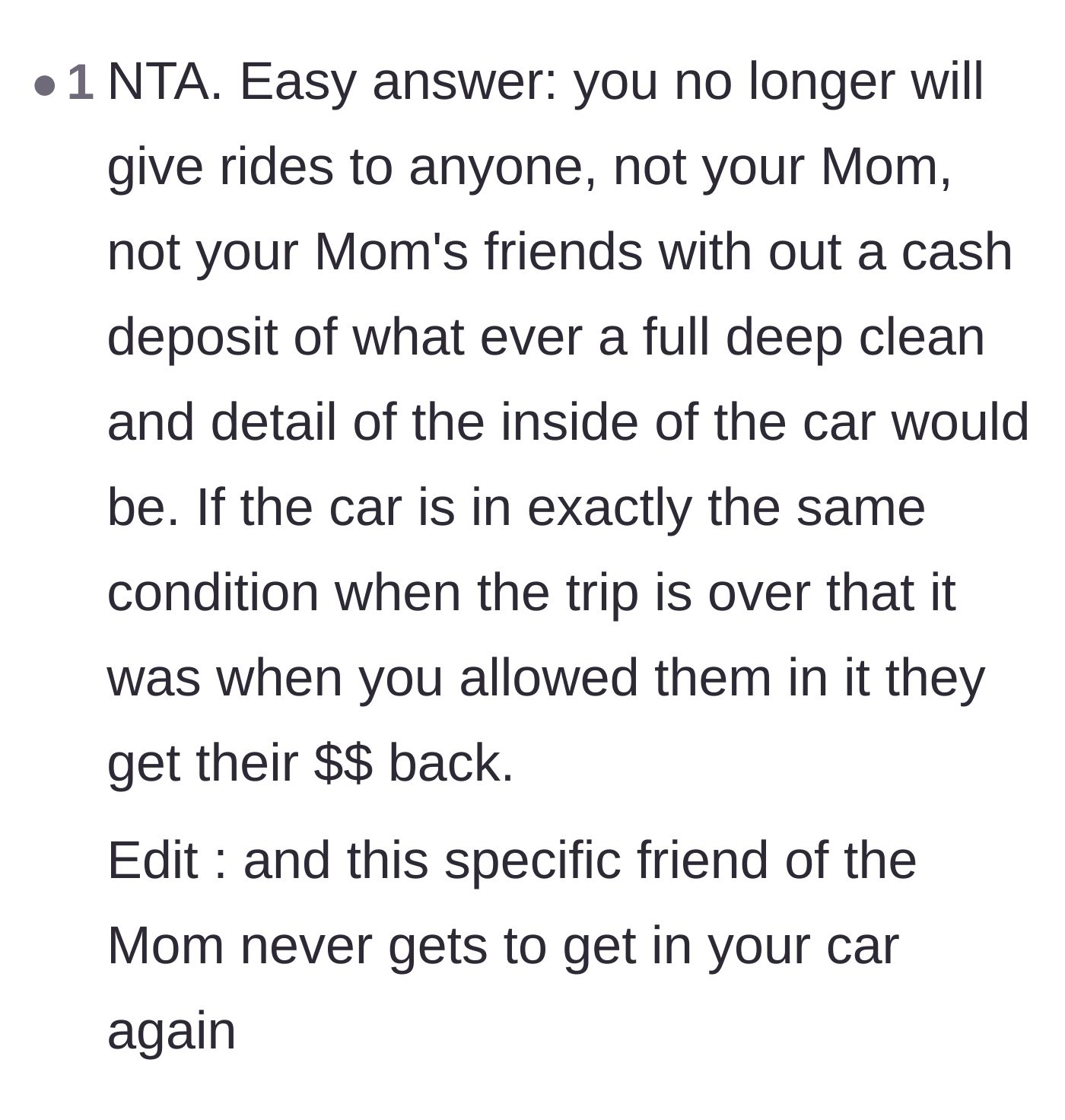 Comment thread 5 - Suggesting a strict cash deposit rule for any future rides given to family and friends