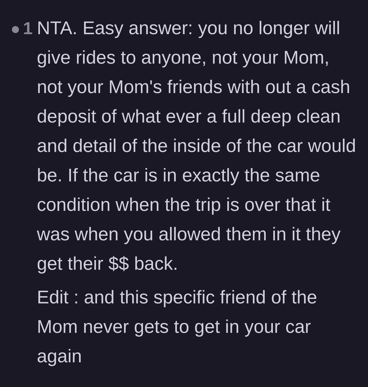 Comment thread 5 - Suggesting a strict cash deposit rule for any future rides given to family and friends