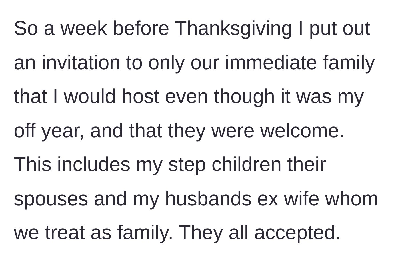 Story part 2 - A woman happily preparing a Thanksgiving feast for her blended family and stepchildren.