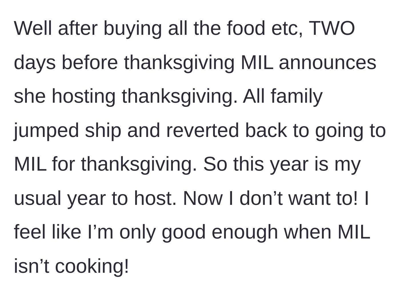 Story part 3 - A heartbroken host standing alone in a kitchen full of Thanksgiving groceries.