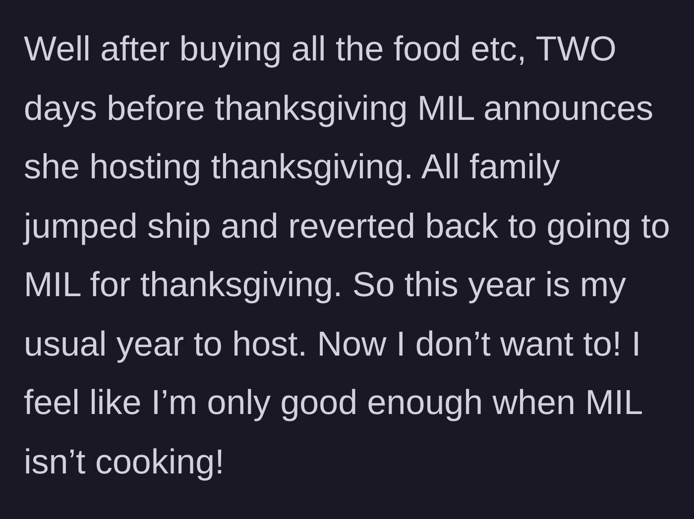 Story part 3 - A heartbroken host standing alone in a kitchen full of Thanksgiving groceries.