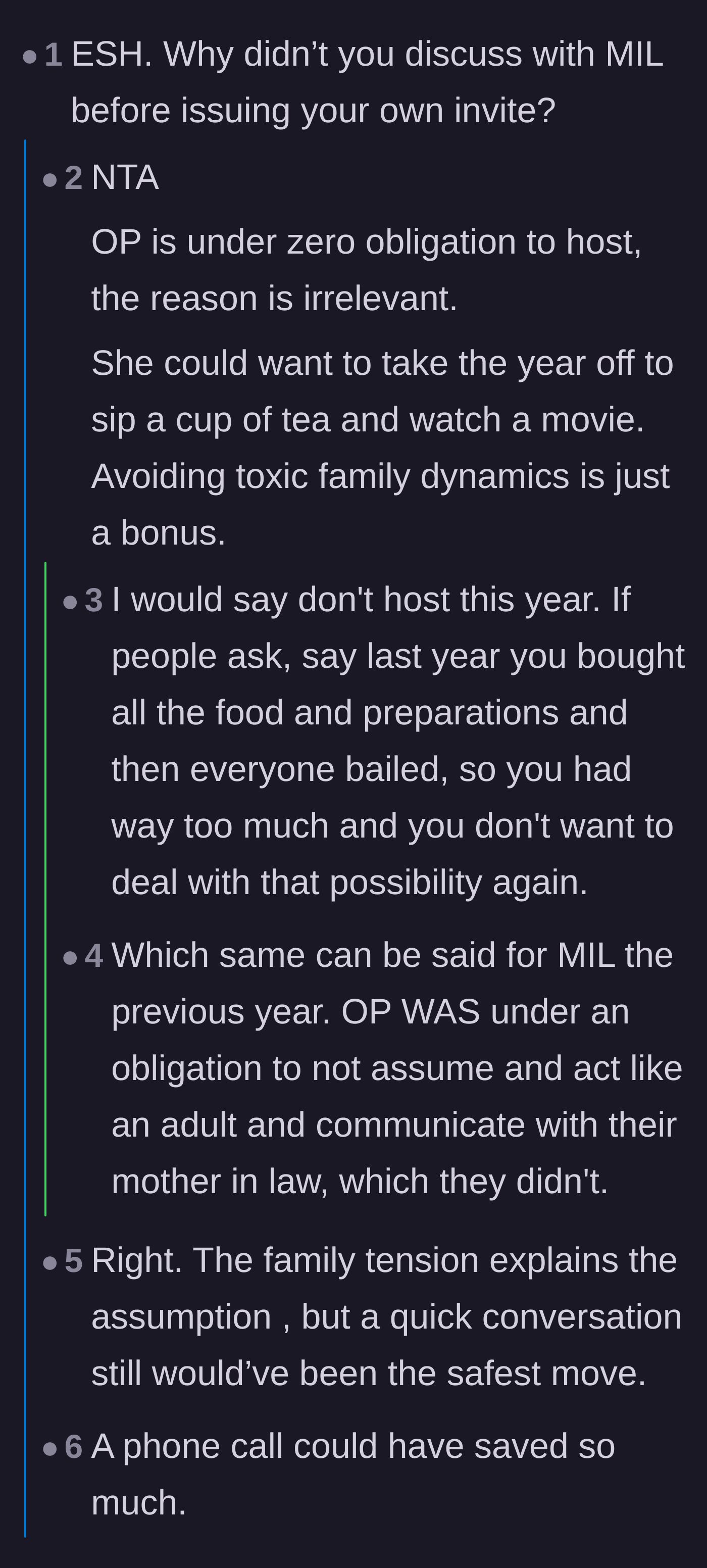 Comment thread 1 - A debate about whether the wife or the husband should have communicated with the mother-in-law.