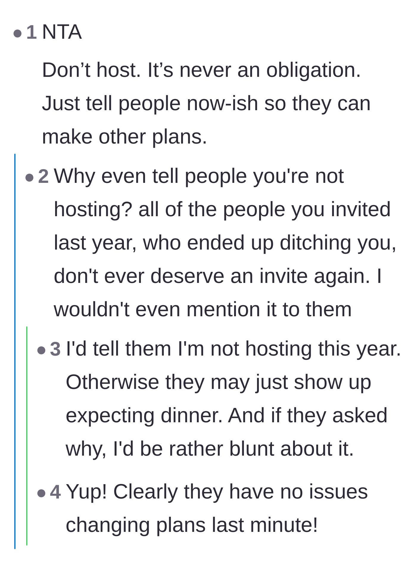Comment thread 4 - Advice telling the wife to simply not host and let the family figure it out.