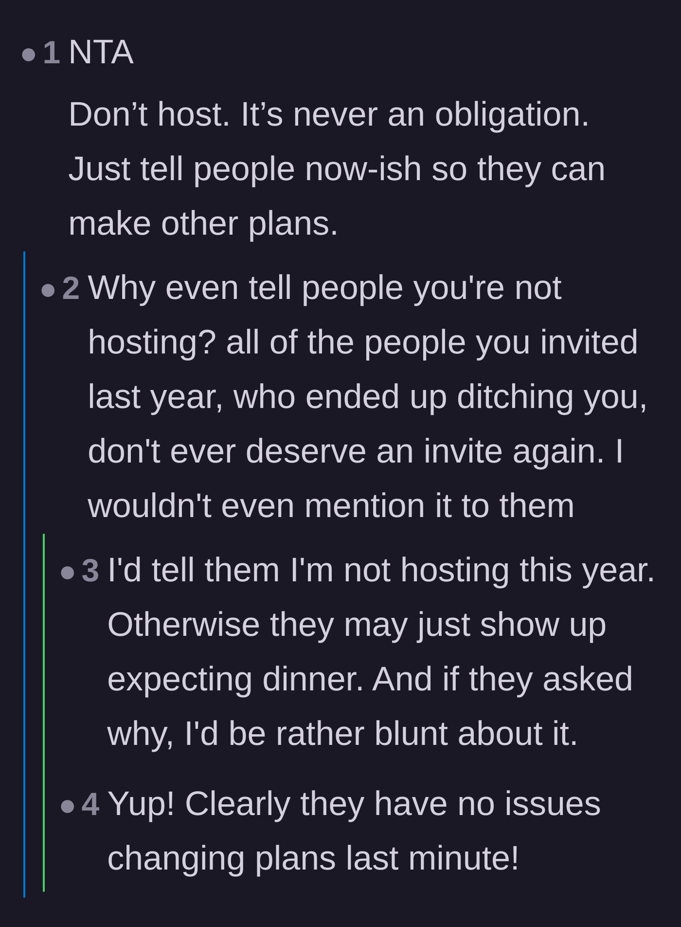 Comment thread 4 - Advice telling the wife to simply not host and let the family figure it out.
