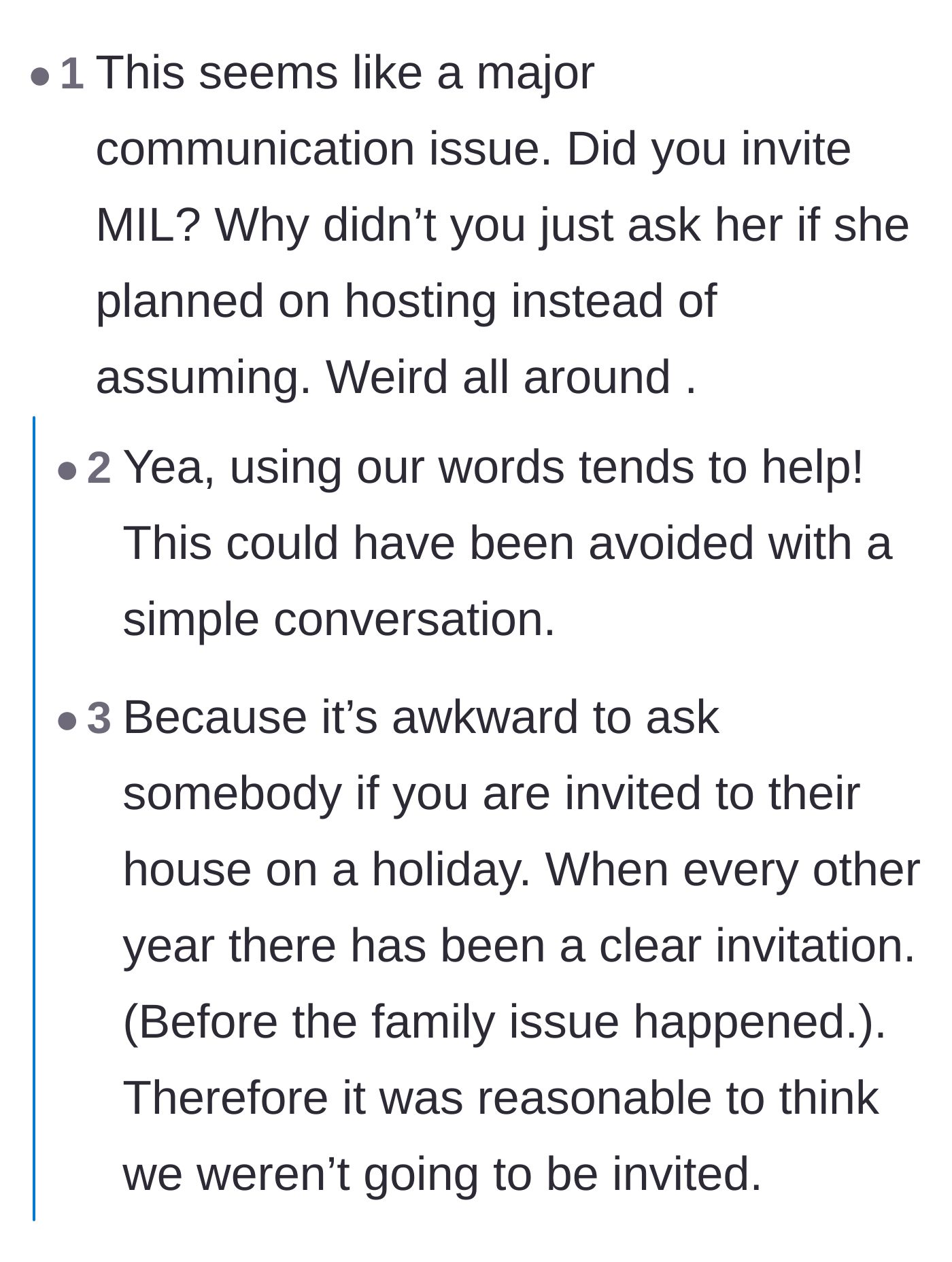 Comment thread 5 - A discussion about how humiliating it is to ask if you are invited to a family holiday.