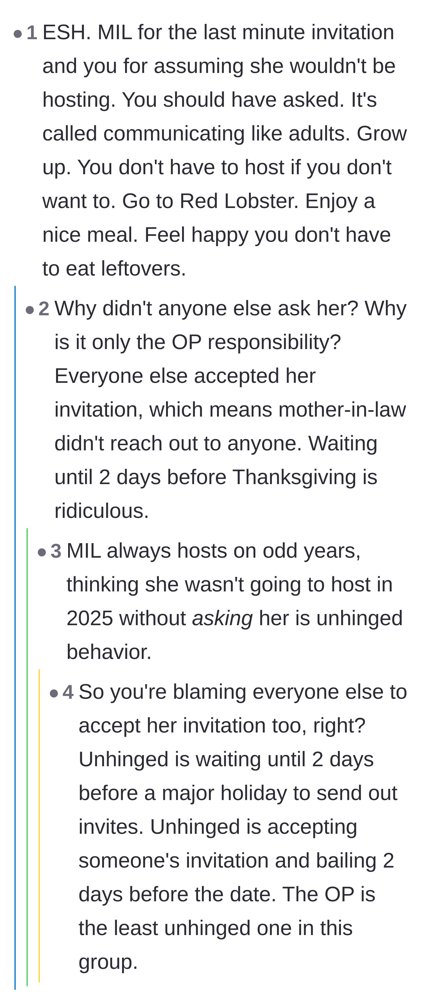 Comment thread 6 - Commenters arguing over the mother-in-law sending her dinner invite two days before the holiday.