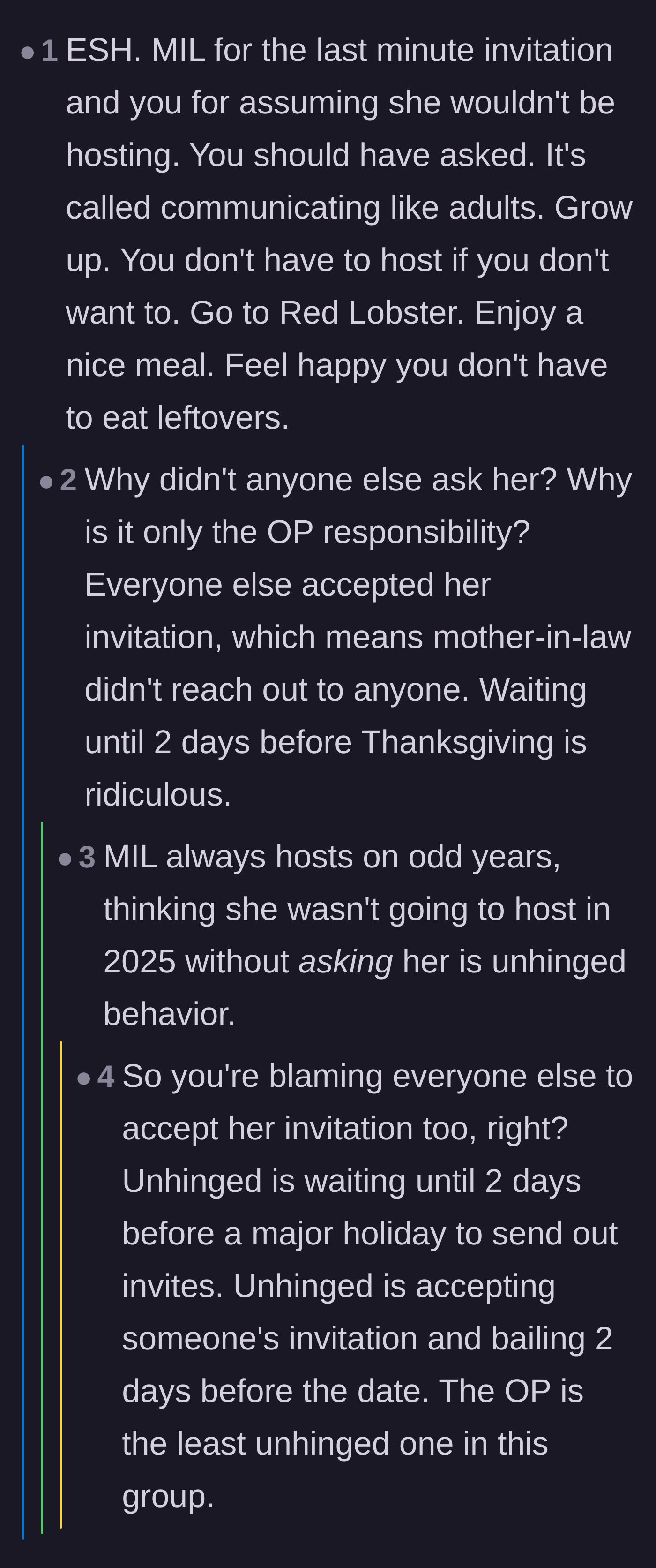 Comment thread 6 - Commenters arguing over the mother-in-law sending her dinner invite two days before the holiday.
