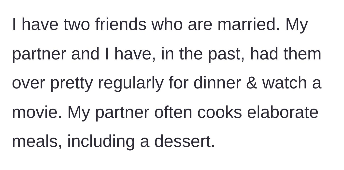 Story part 1 - The hosts preparing an elaborate dinner and dessert for their married friends.