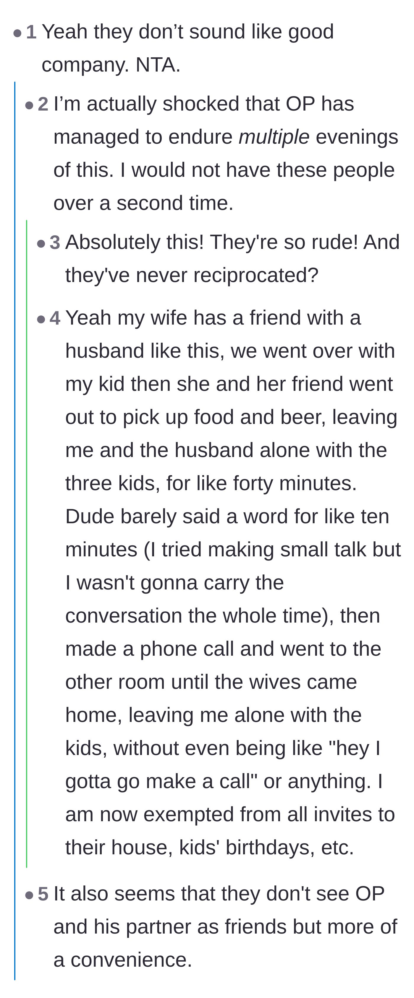 Comment thread 1 - Readers expressing shock that the hosts invited the rude couple back a second time and realizing they are being used for free food.