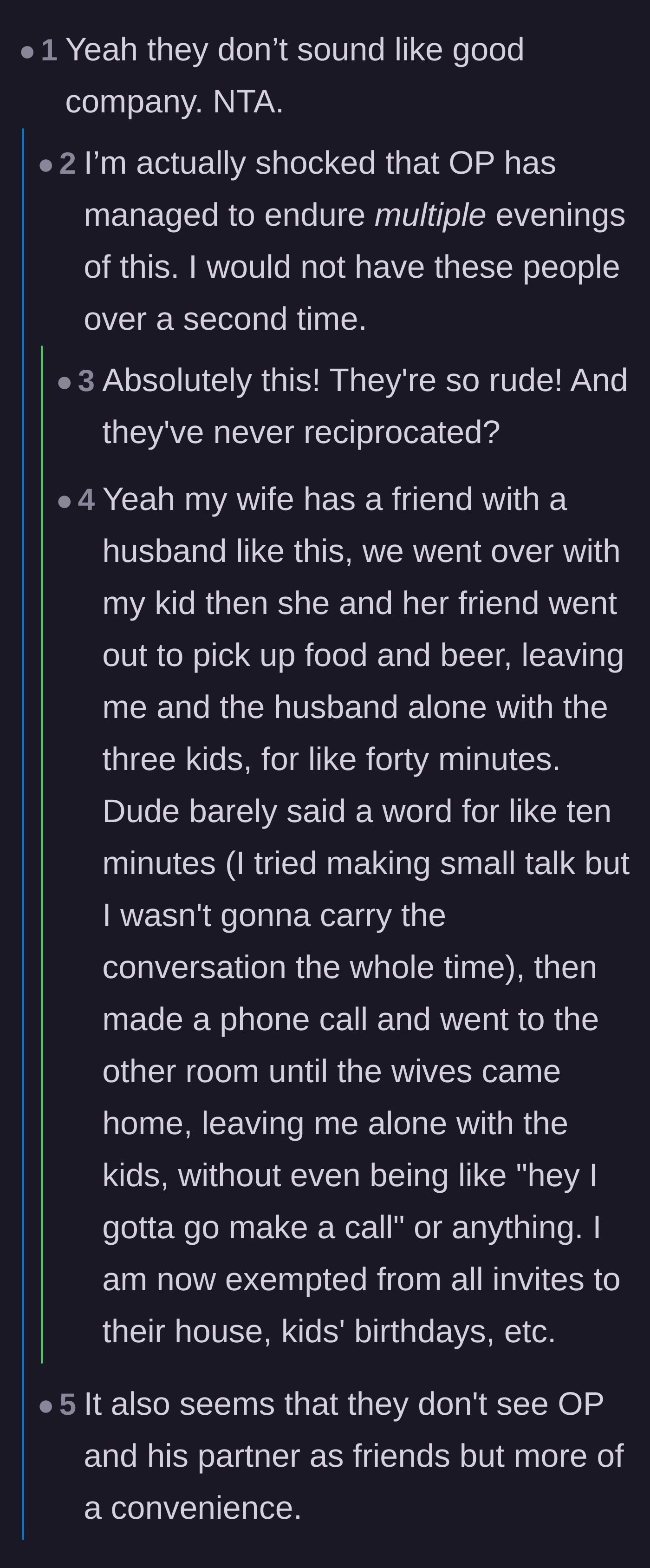 Comment thread 1 - Readers expressing shock that the hosts invited the rude couple back a second time and realizing they are being used for free food.