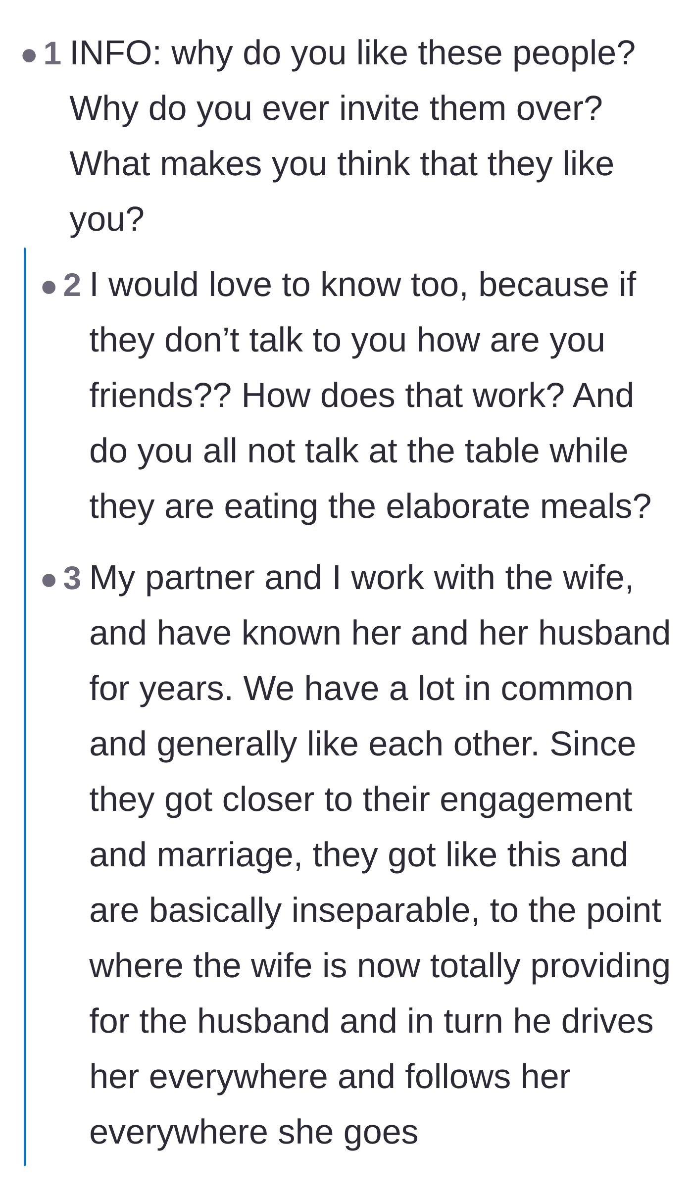 Comment thread 3 - The host explaining the guests' codependent dynamic, leading readers to debate whether the husband is isolating the wife.