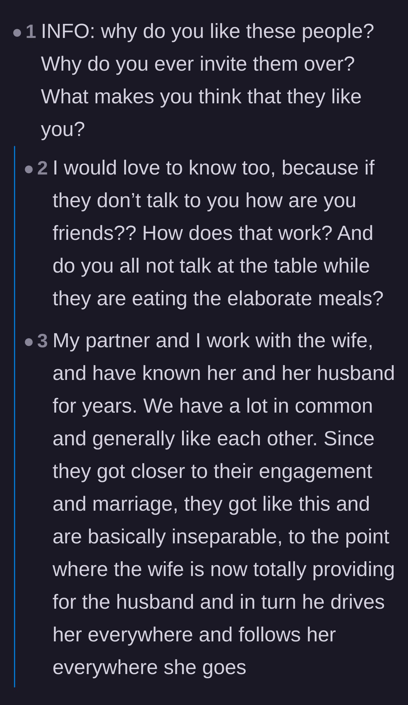 Comment thread 3 - The host explaining the guests' codependent dynamic, leading readers to debate whether the husband is isolating the wife.
