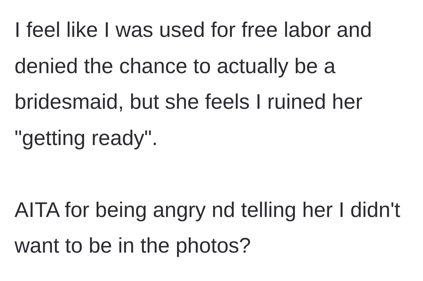 Story part 7 - The artist questions if she is the villain for feeling used and ruining the bride's morning.