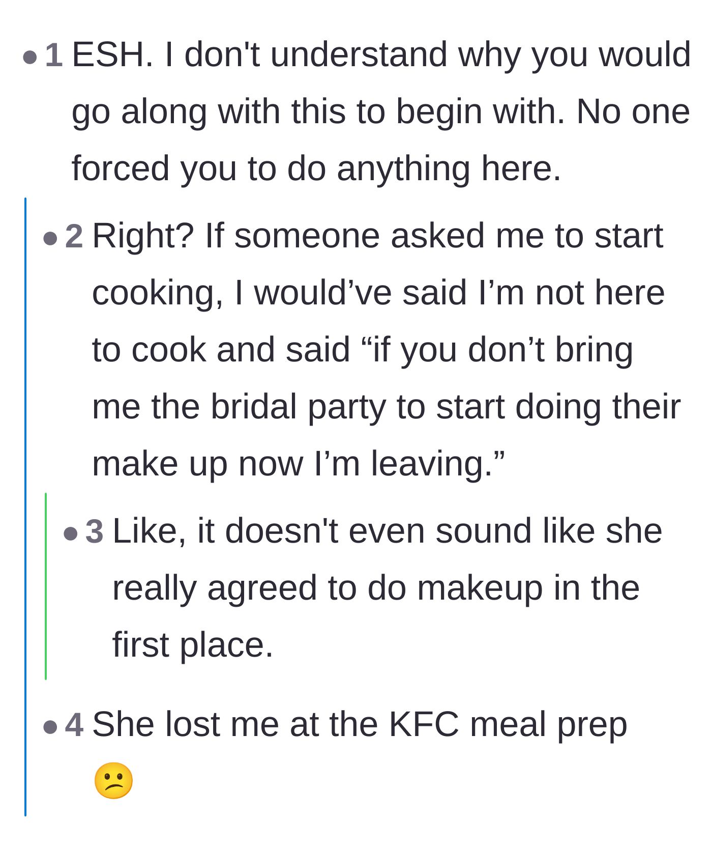 Comment thread 3 - Readers express disbelief that the artist agreed to do fried food prep instead of leaving the house entirely.