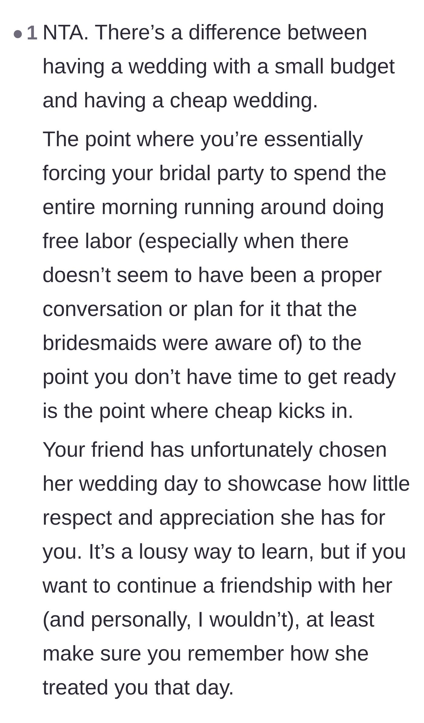 Comment thread 5 - A breakdown of the difference between a cute budget wedding and a cheap wedding that exploits friends.