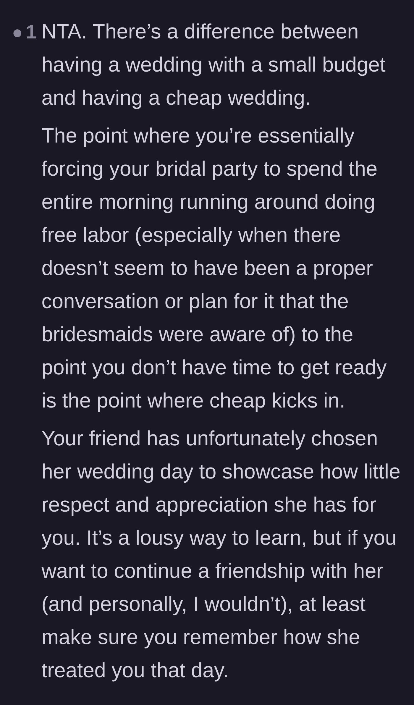 Comment thread 5 - A breakdown of the difference between a cute budget wedding and a cheap wedding that exploits friends.