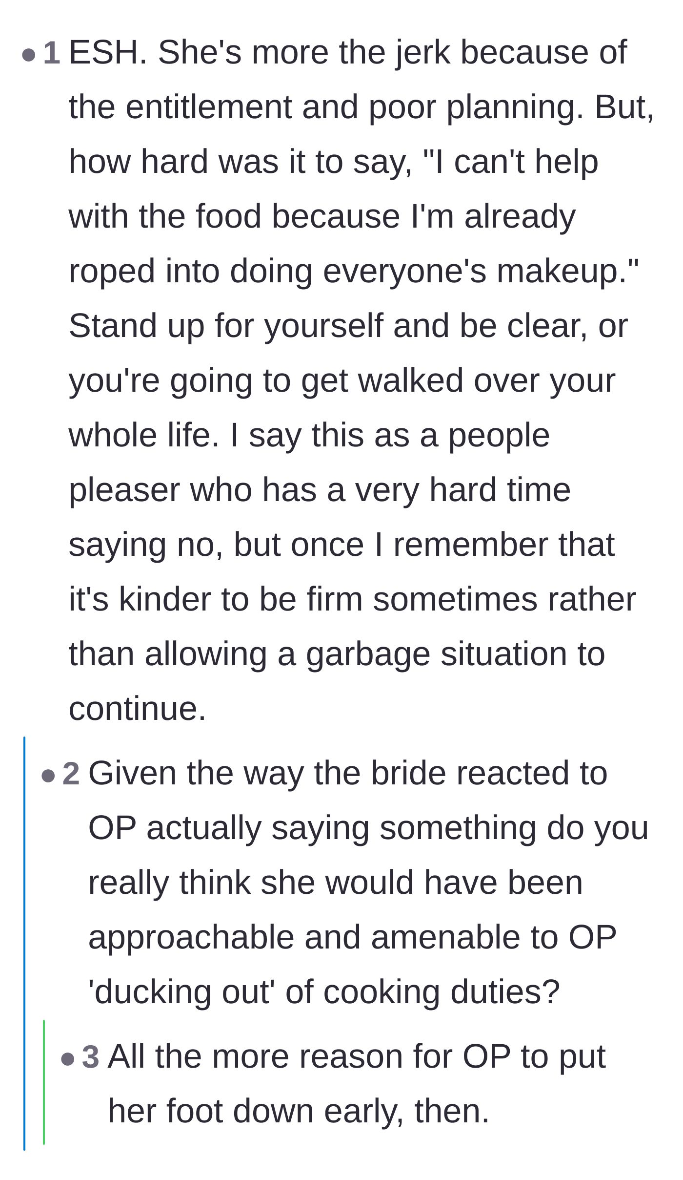 Comment thread 6 - Discussion about the difficulty of saying no to a bride on the wedding day and the necessity of being firm to avoid being walked over.