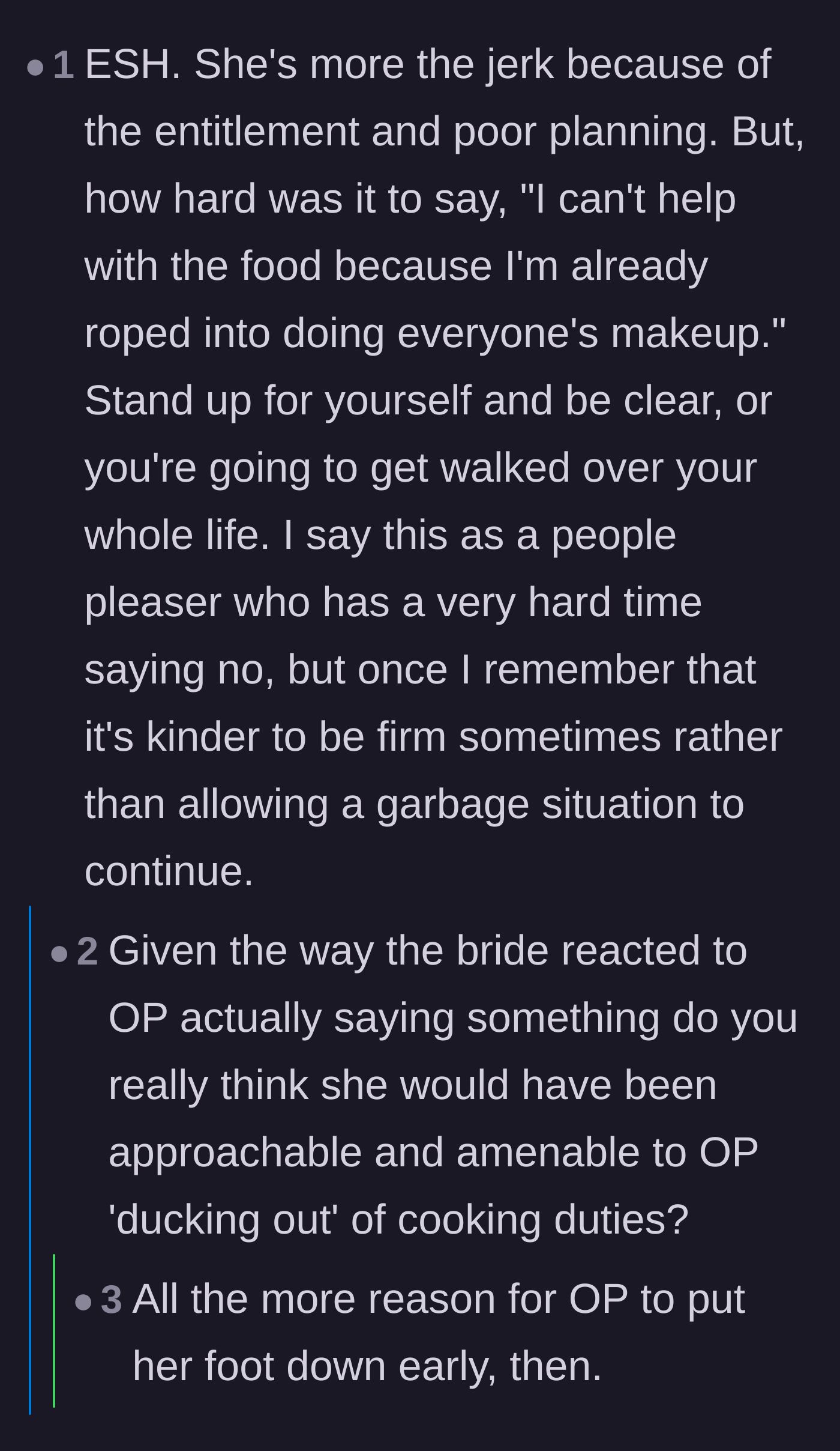 Comment thread 6 - Discussion about the difficulty of saying no to a bride on the wedding day and the necessity of being firm to avoid being walked over.