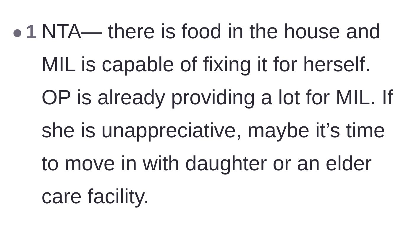 Comment thread 2 - Pointing out that since there is food in the house, the mother-in-law needs to feed herself or move out.