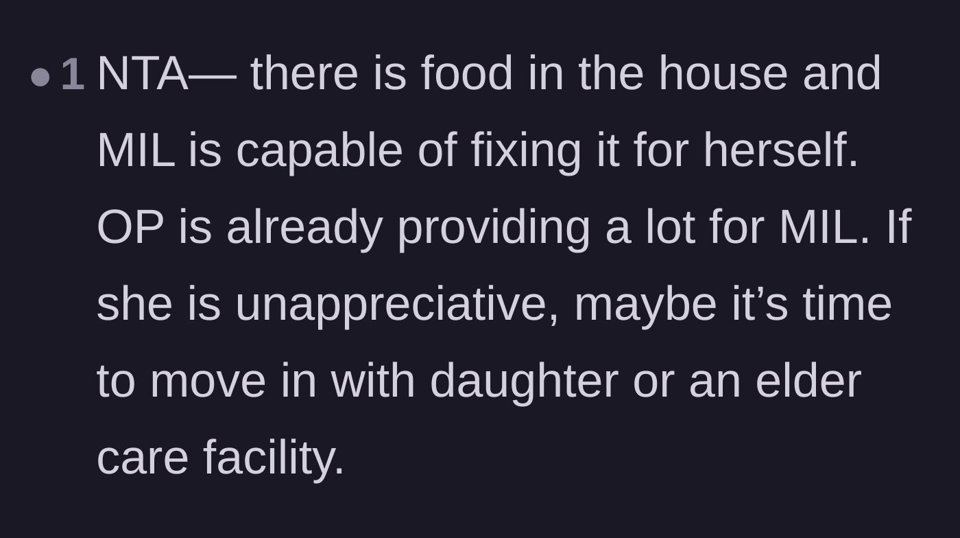 Comment thread 2 - Pointing out that since there is food in the house, the mother-in-law needs to feed herself or move out.