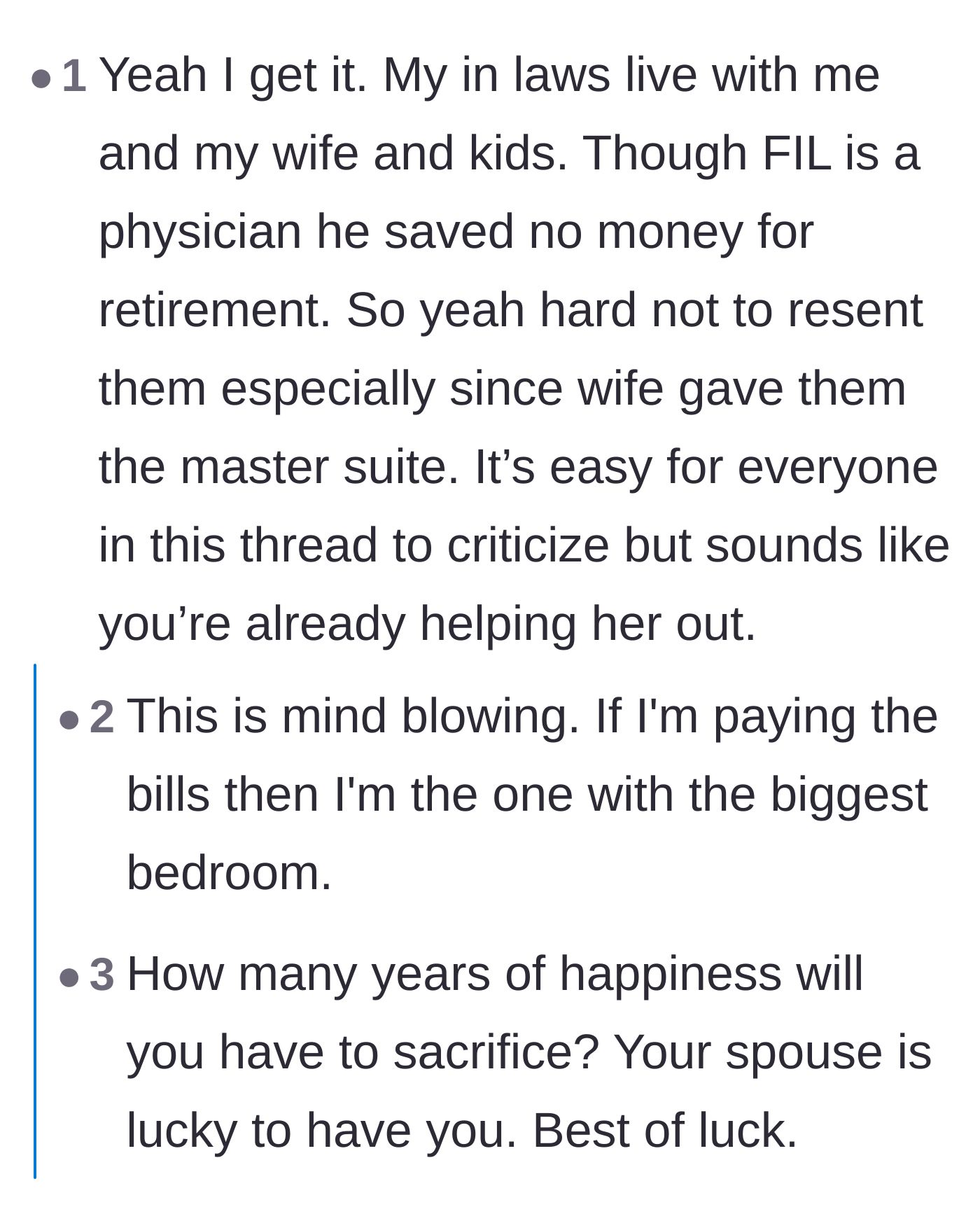 Comment thread 3 - Commiserating about the resentment that builds when in-laws move in without contributing.