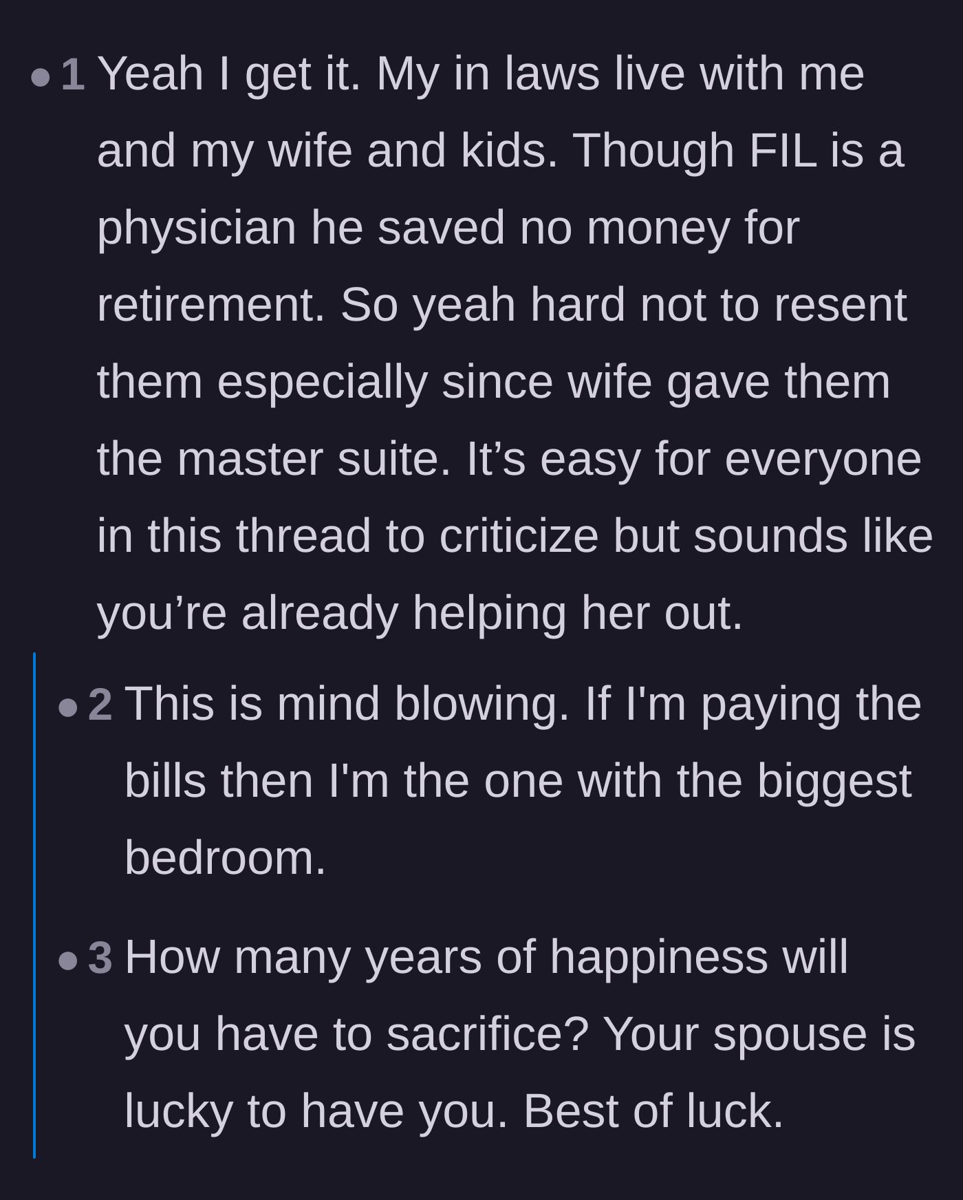 Comment thread 3 - Commiserating about the resentment that builds when in-laws move in without contributing.