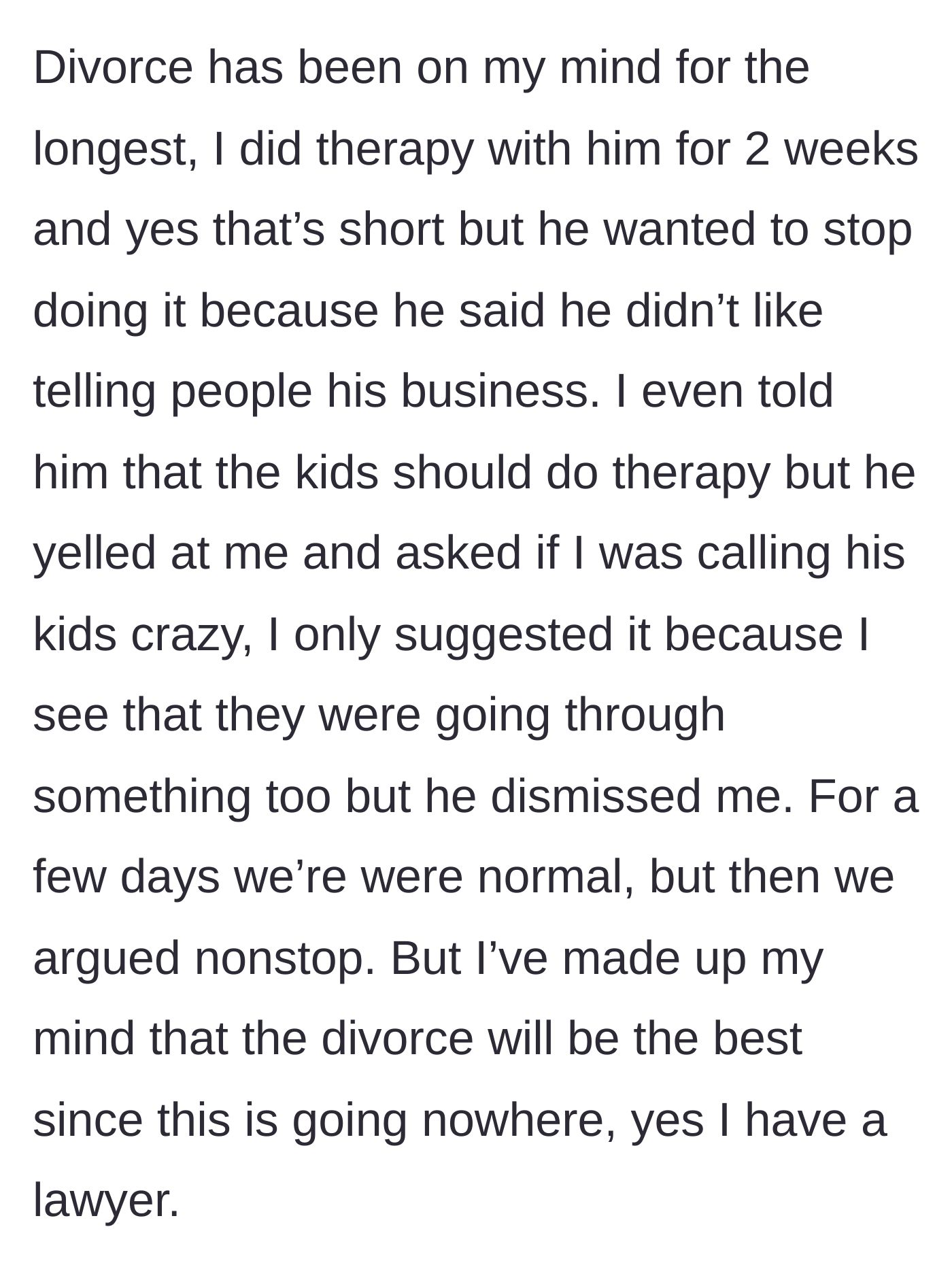 Story part 3 - The stepmother detailing her attempts to save the marriage with therapy, which her husband swiftly rejected for himself and the children.