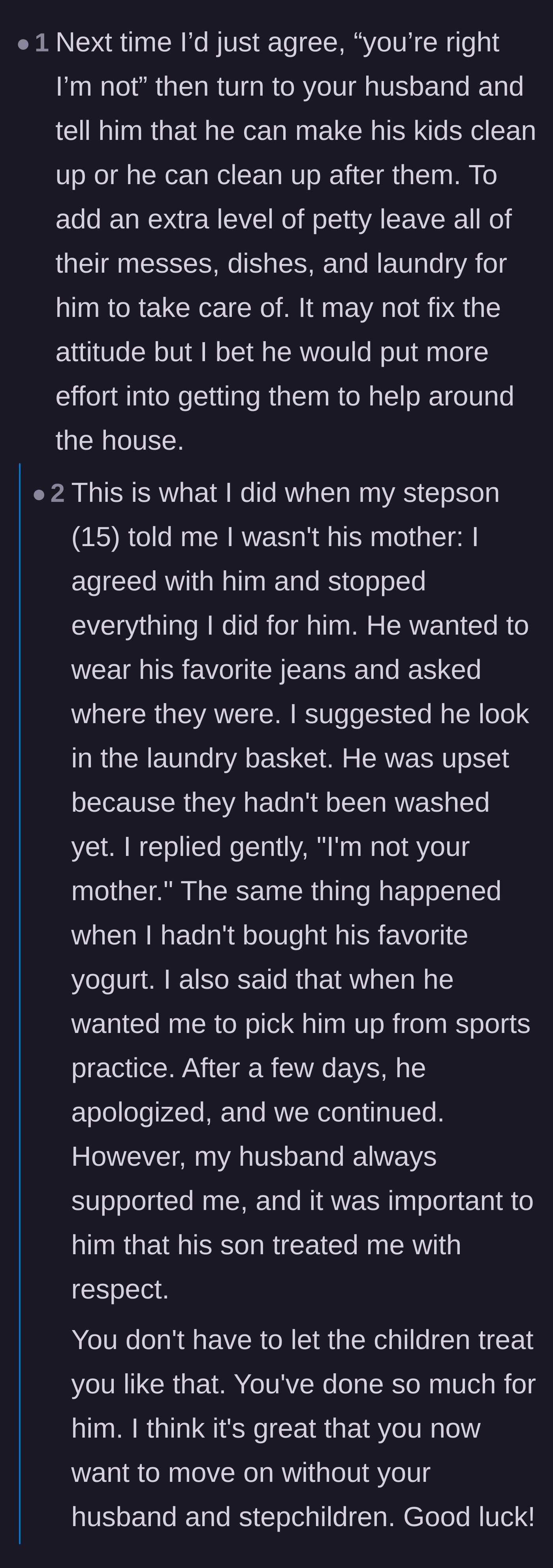 Comment thread 1 - Readers sharing stories about completely stepping back from parenting duties when told they aren't the real mom.