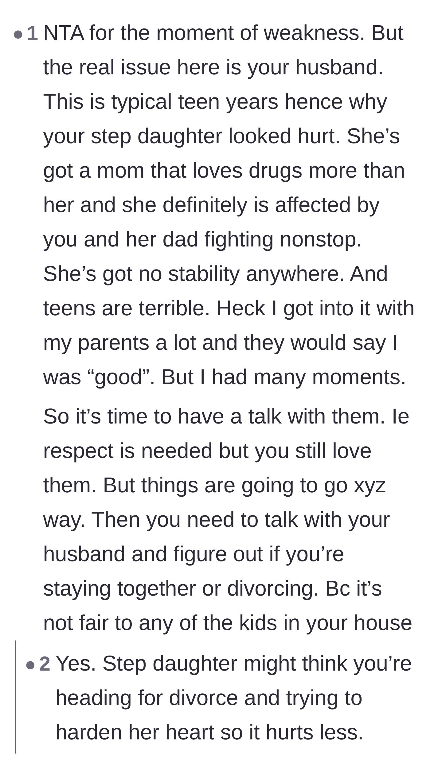 Comment thread 6 - Compassionate insight into how the stepdaughter's cruelty might be a trauma response to the impending divorce.