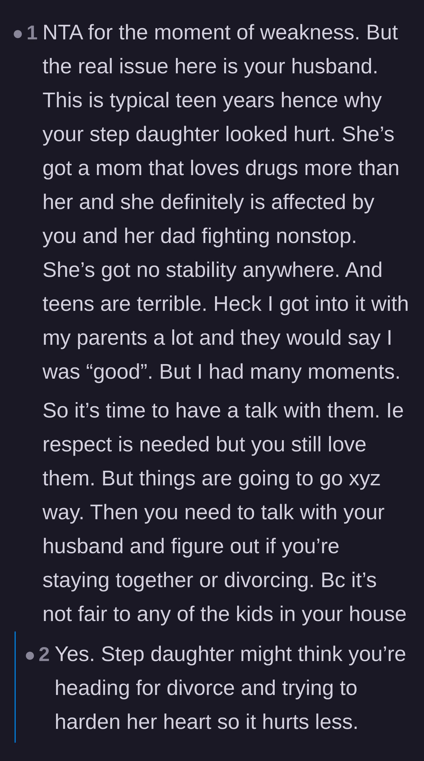 Comment thread 6 - Compassionate insight into how the stepdaughter's cruelty might be a trauma response to the impending divorce.